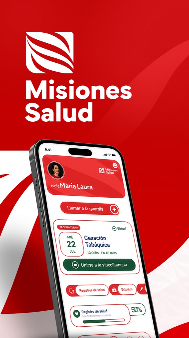 Pantalla de inicio de Misiones Salud con saludo, llamado a la guardia y próximo turno.